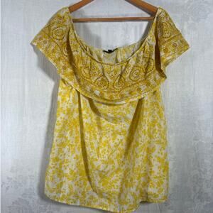 Lane Bryant Top 18 20 Yellow Floral Eyelet Peasant Blouse Off Shoulder